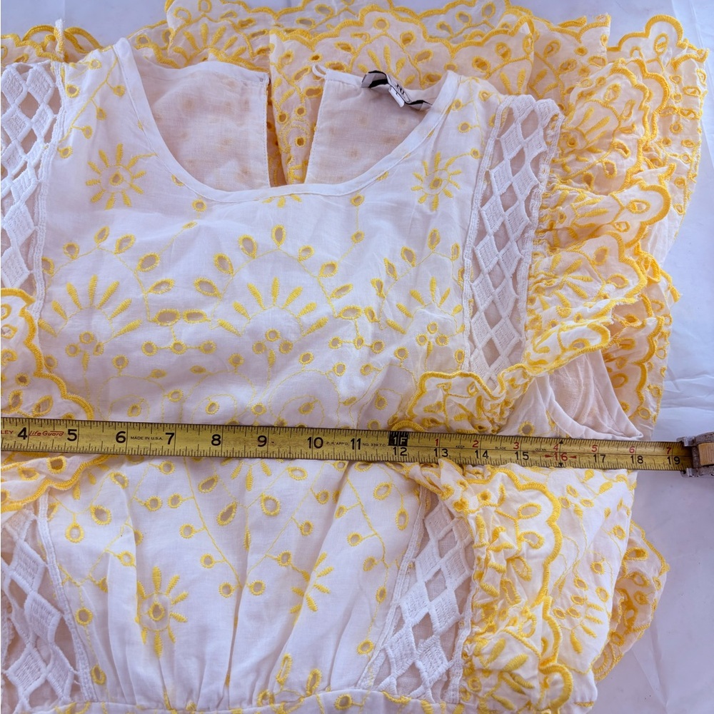 NJ Couture Yellow and White Eyelet Lace Tiered Sundress Ruffles Sunny Size L - Picture 12 of 17